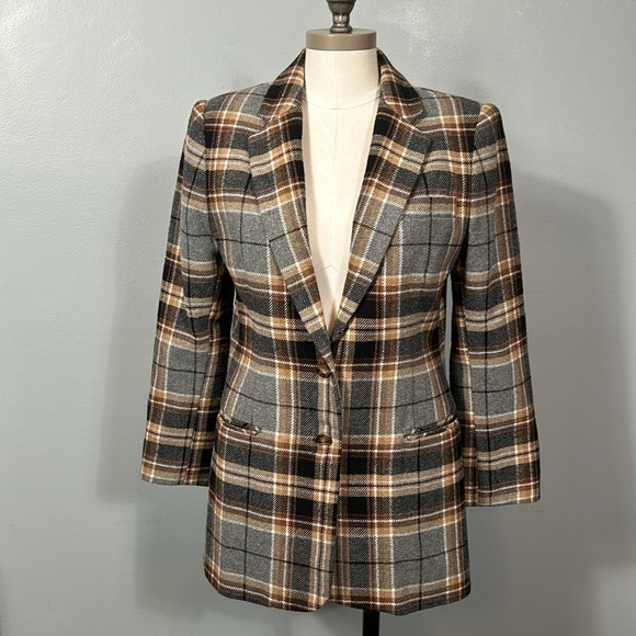White Stag Brown Gray Plaid Double Button Wool Blazer  size vintage 8 - Picture 3 of 17